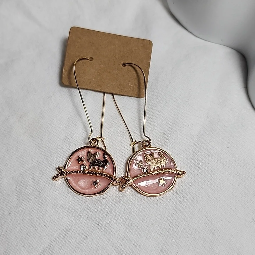 Pink and Gold Monn Cat Stars‎ Earrings